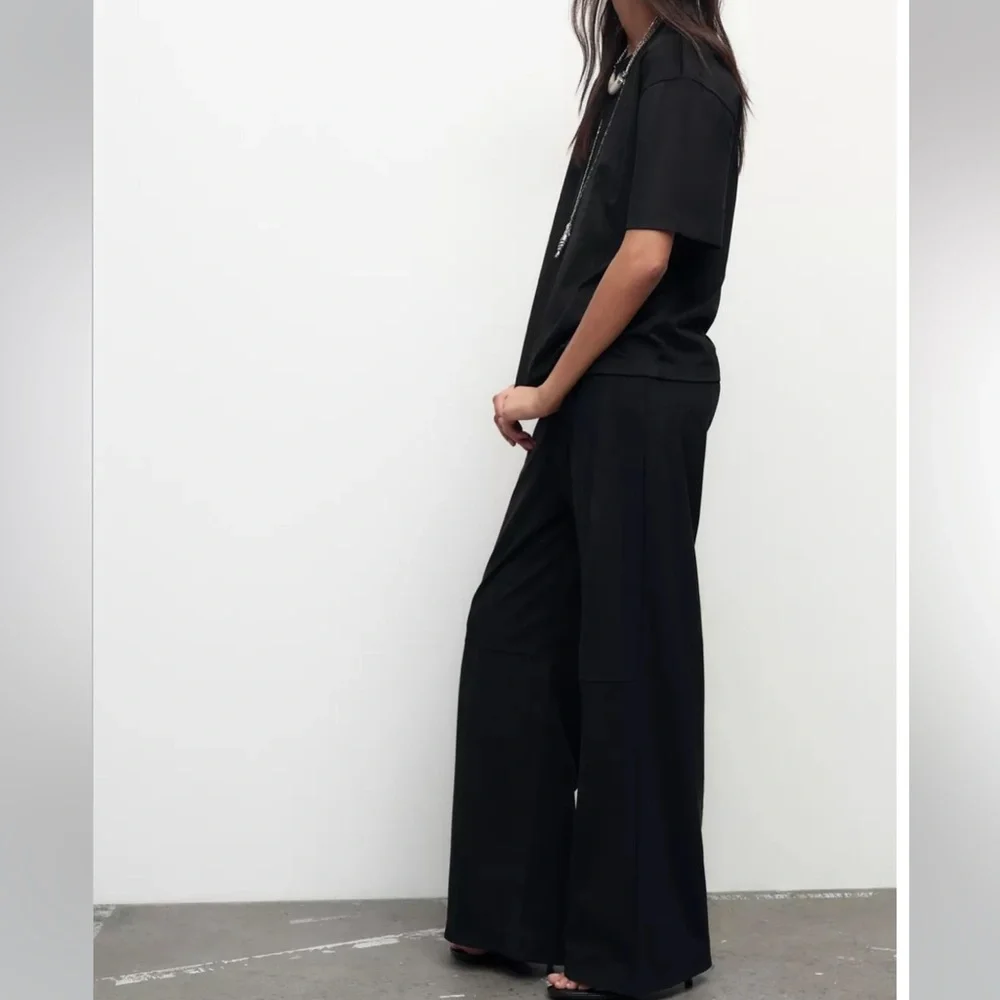 Zara NWT 2 piece matching SET black faux suede tee shirt & wide leg pants